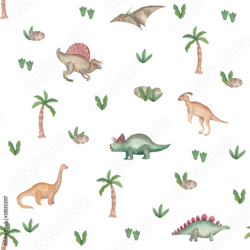 Watercolor seamless pattern dinosaurs Prehistoric animals Isolated on white background Hand painted illustration Perfect for design fabric  textile  paper  web  cards  wallpaper  invitation  other.