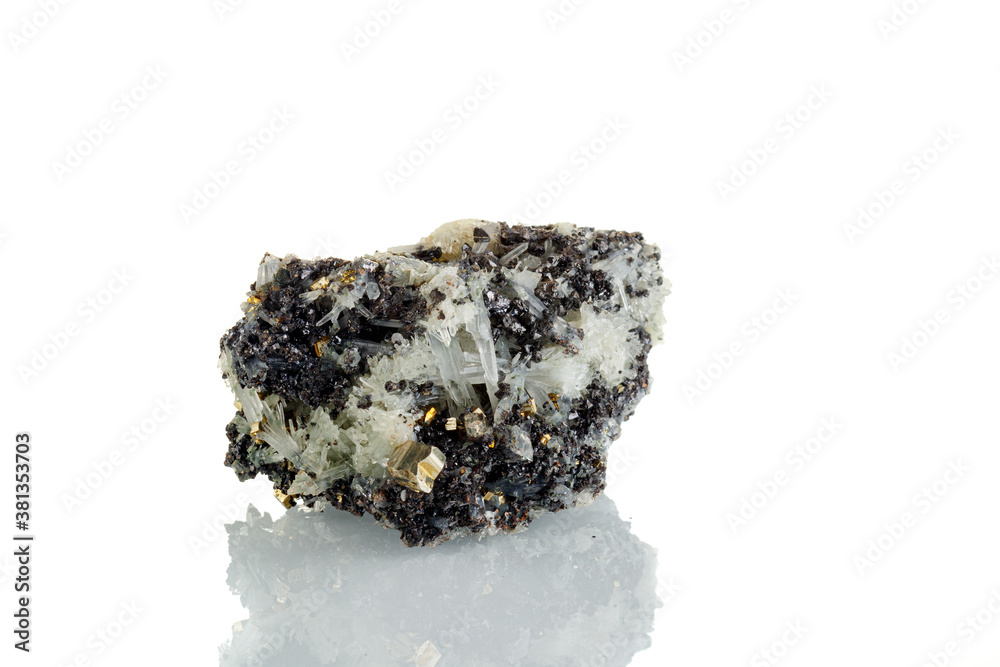 macro mineral stone Quartz Galena Pyrite on a white background