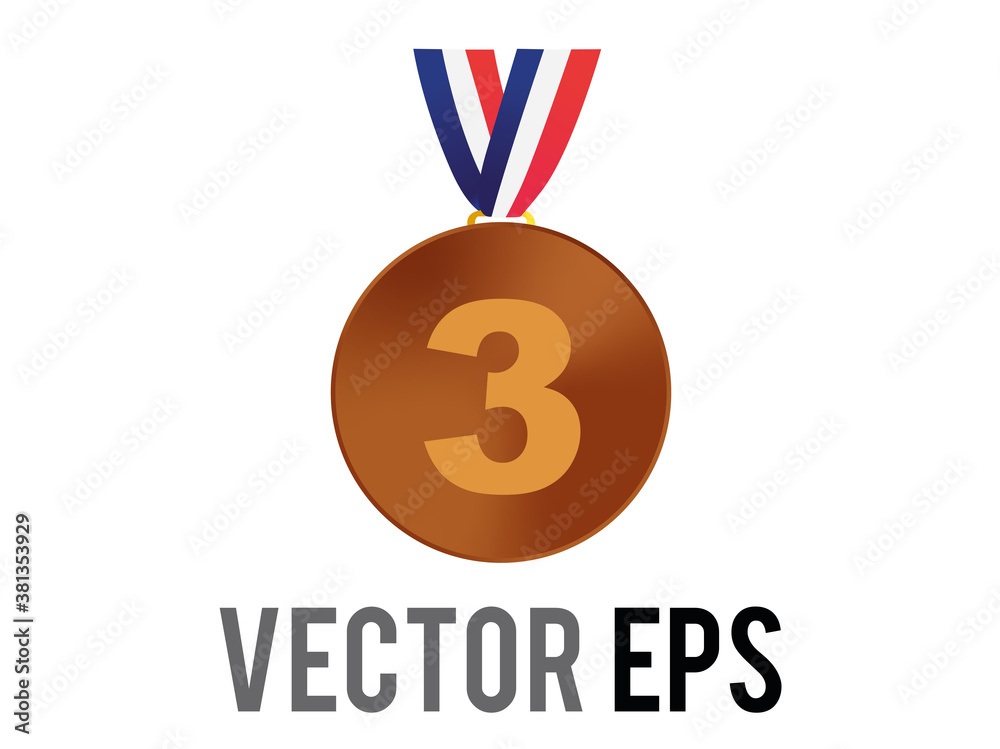 Vector third place bronze medal icon with blue, white, red ribbon Stock ...
