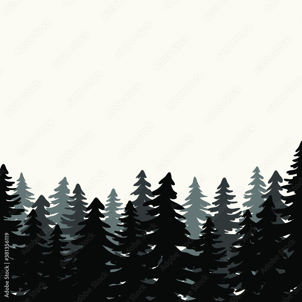 Landscape with fir trees. Vector monochrome background with silhouette of coniferous spruce forest.  Evergreen coniferous trees. Spruce, christmas tree. Hand drawn forest fir trees silhouettes