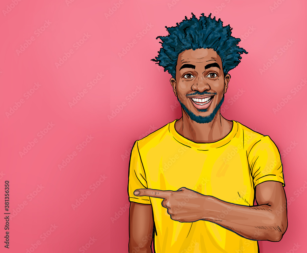Positiv african Man showing  something strange and unexpected. Emotions and advertisement. Surprised male in comic style pointing by finger. Smiling guy. - obrazy, fototapety, plakaty 