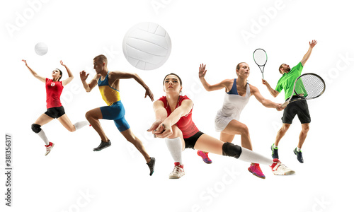 Collage of different professional sportsmen, fit men and women in action and motion isolated on white background. Made of 4 models. Concept of sport, achievements, competition, championship.