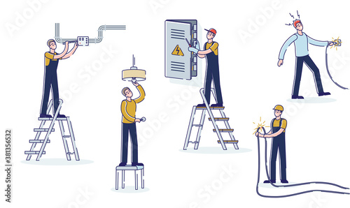Set of electricians and engineers working with high voltage electricity devices and cables