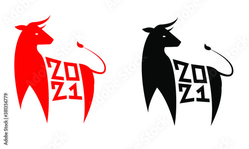 Illustration of a bull - the symbol of 2021. Happy New Year. Bull silhouette on white background and numbers 2021. Stock vector illustration. Element for flyer, banner, isolated bull silhouette logo