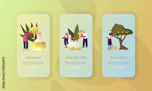 Characters Produce Olive Oil Mobile App Page Onboard Screen Template. Tiny People Collect Ripe Olives from Tree Branch