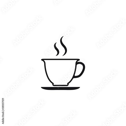 Cup of coffee or tea with steam, vector line icon black on white