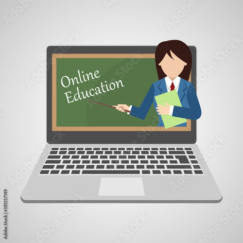 Distance education or business training. Online teacher on a laptop monitor. Webinar or video seminar learning concept.
