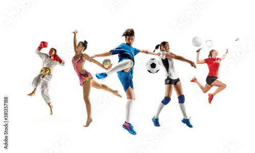Collage of different professional sportsmen  fit men and women in action and motion isolated on white background. Made of 5 models. Concept of sport  achievements  competition  championship.