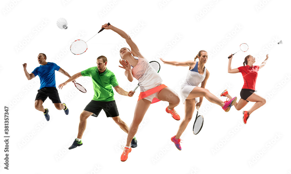 Collage of different professional sportsmen, fit men and women in action and motion isolated on white background. Made of 2 models. Concept of sport, achievements, competition, championship.