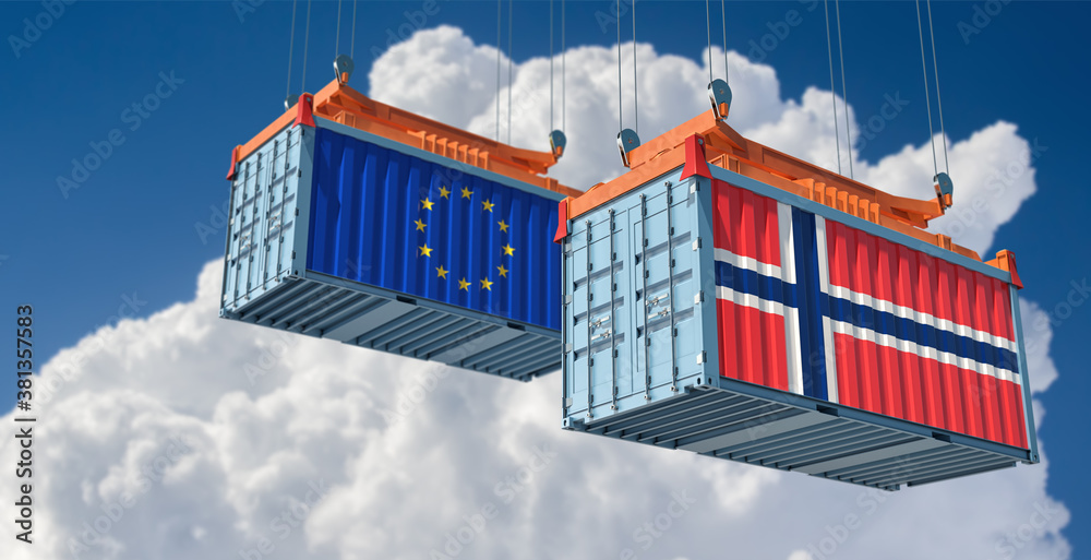 Freight containers with Norway and European Union flag. 3D Rendering