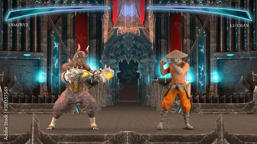 Fighting Video Game Part I: Beginning. Fantastic Duel Game Between Two Warriors In The Scenery Of A Gloomy Castle