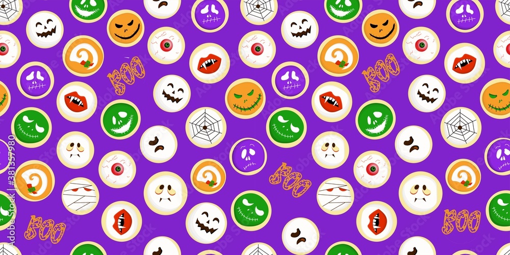 Seamless pattern on with scary faces. Background for Halloween. All Saints Day treat.