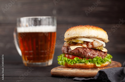 Homemade tasty burger and beer