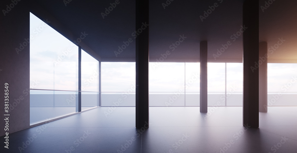 3d render of an empty interior with columns and panoramic city views. Modern apartment in a skyscraper on a high floor. Real estate concept. Horizontal mockup.