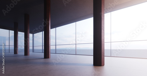 Realistic 3d render of an empty interior with columns and panoramic city views. Modern apartment in a skyscraper on a high floor. Real estate concept. Horizontal mockup.