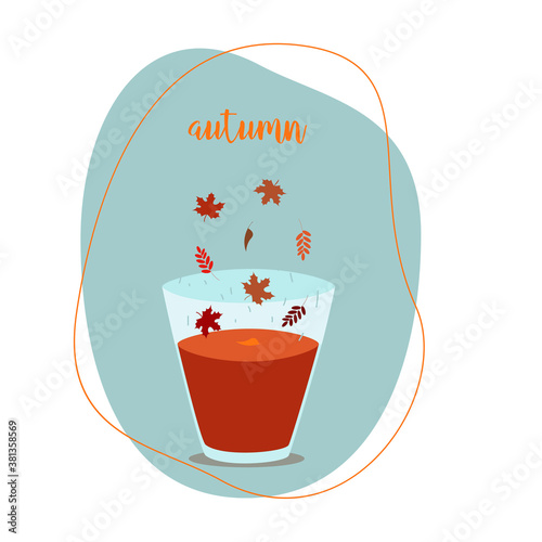 Mug with tea, leaves, autumn, autumn tea, rain, tea from leaves, blue background