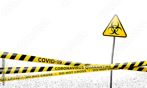 Layout of the quarantine area of coronavirus epidemic covid-19. Coronavirus quarantine warning tapes and biohazard sign. Pandemic covid 19. Epidemic barrage lines. Vector grunge template