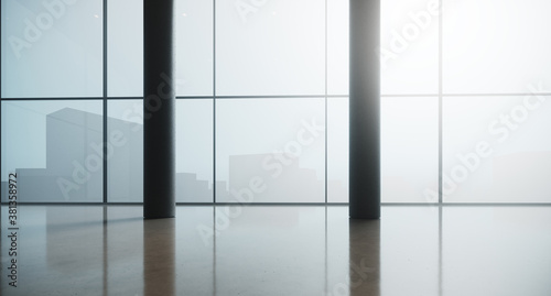 Front view of panoramic windows in a spacious open space in business center. Photo of empty office in modern building. Loft style interior with concrete floor. 3d rendering. Concept of real estate.