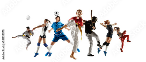 Collage of different professional sportsmen  fit men and women in action and motion isolated on white background. Made of 7 models. Concept of sport  achievements  competition  championship.
