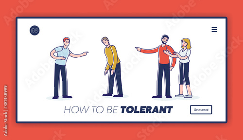 Landing page with people bullying man with overweight. Body shaming concept