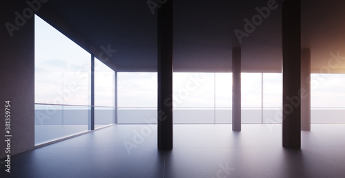 Modern open space interior with panoramic windows on a high floor. Photo of empty office in modern building. Flare light. Horizontal mockup. 3d rendering
