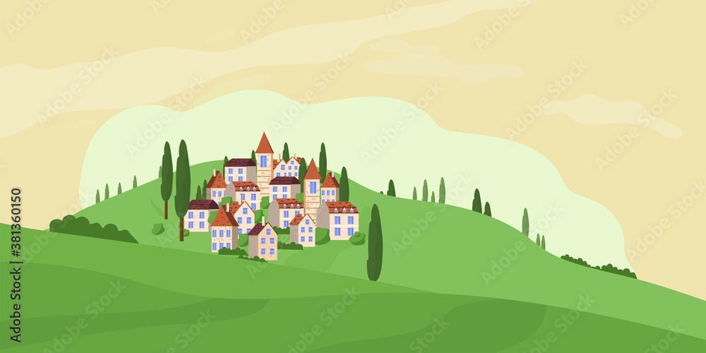 Naklejka premium Panoramic Vector illustration of rural countryside
