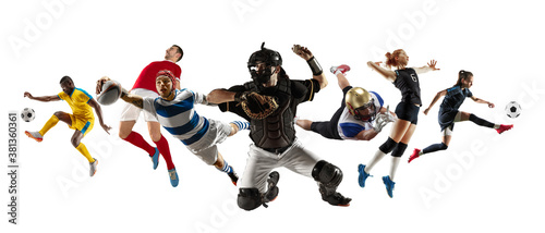 Collage of different professional sportsmen, fit men and women in action and motion isolated on white background. Made of 7 models. Concept of sport, achievements, competition, championship.