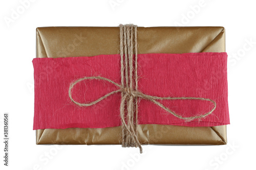Brown gift wrap with tied rope on isolated background