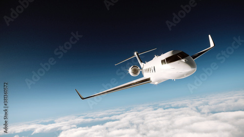 Realistic photo of a white, luxury generic design private jet flying over the earth's surface.Modern airplane and empty cloudy blue sky on background. Business travel concept. 3d rendering