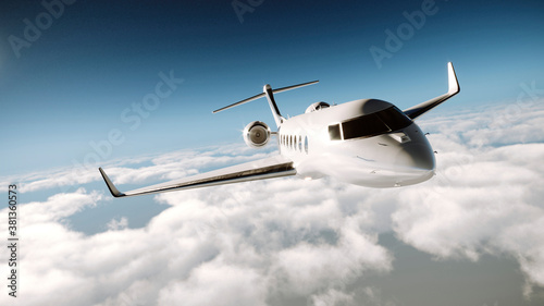 Realistic 3d render of a white, luxury generic design private jet flying over the clouds.Modern airplane and empty cloudy blue sky on background. Business travel concept. Horizontal mock up.