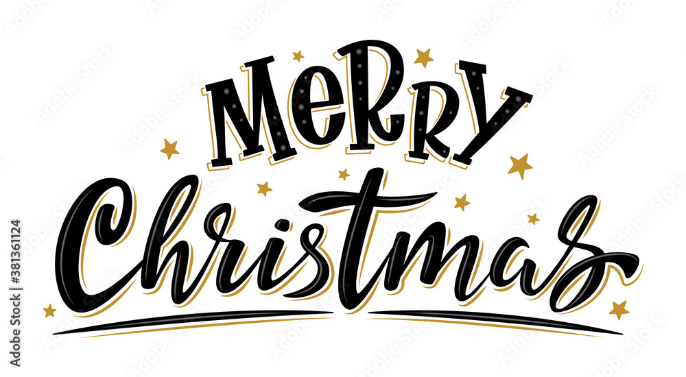 Obraz premium Merry Christmas handwritten lettering. Black text with golden stars isolated on white. Xmas holidays typography. Vector celebration sign for winter holiday design, postcard, banner and sticker