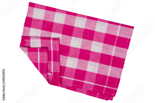 Square napkins isolated. Close-up of red and white checkered napkin or picnic tablecloth texture isolated on a white background. Kitchen towel.