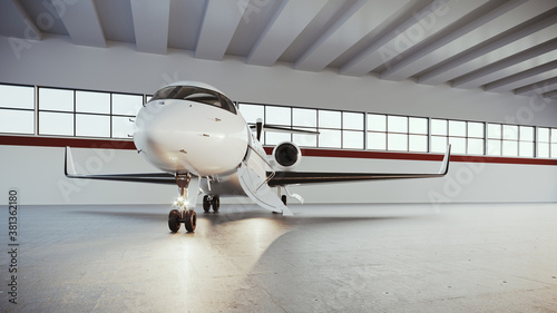 White business private jet airplane parked at maintenance hangar and ready for take off. Luxury tourism and business travel transportation concept. 3d rendering