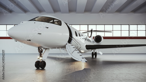 A white luxury private jet with black wings is undergoing maintenance before flying. A first-class airplane lowered a gangway for passengers. business concept. Generic design. 3d render.