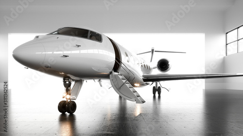 A luxury white private jet is parked in a light, airy hangar awaiting vip passengers for an international flight. Horizontal mockup of a blank airplane with empty space for you design. 3d render