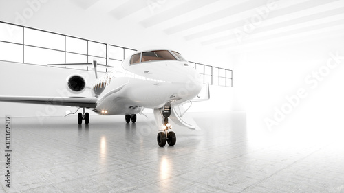 3d image of a white private jet in the spacious luminous hangar waiting for passengers. Luxury plane getting ready for departure from the airport. Business concept. Horizontal mockup.