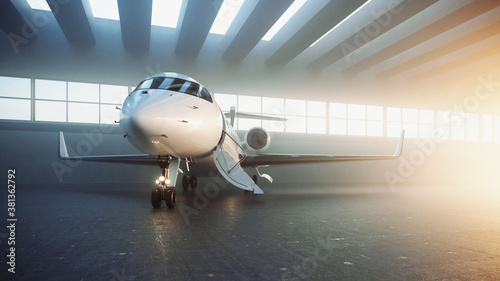 Realistic 3d image of a white private business jet with black wings in the hangar on a foggy morning and waiting for passengers. Luxury plane getting ready for departure from the airport. Flare light.