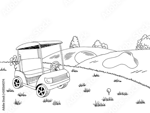 Golf cart course graphic art black white landscape sketch illustration vector