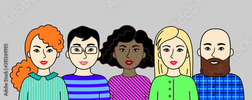 Group of people, men and women of different nations, skin and hair colors. Set of Asian, European, African cartoon simple portraits. Multiethnic society. Diversity. Avatars. Vector flat illustration.