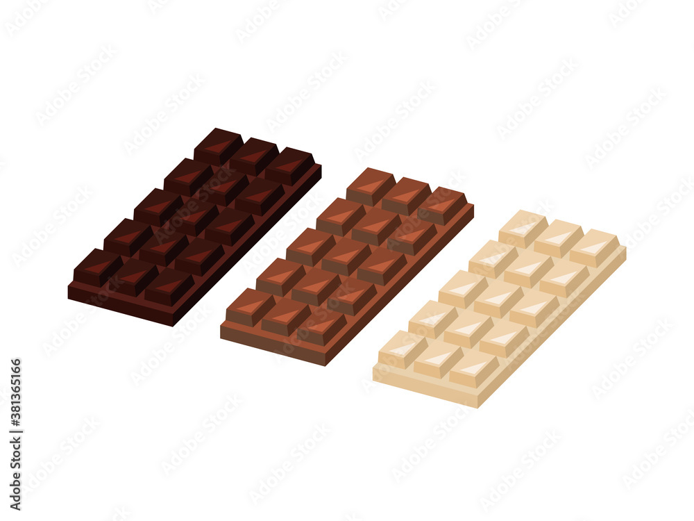 Dark, milk and white chocolate. Isometric chocolate bars. Different kinds of chocolate. Unwrapped chocolate bars set on white background. Cacao seeds sweet product. Vector illustration, flat, clip art Dark, milk and white chocolate. Isometric chocolate bars. Different kinds of chocolate. Unwrapped chocolate bars set on white background. Cacao seeds sweet product. Vector illustration, flat, clip art