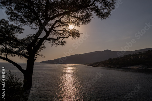Sunset over the sea. Silhouettes of the tree and mountains.Calm and tranquility. Thasos island, Greece. © Telly