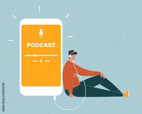 Podcast concept. Young man in headphones sitting on the floor and listening to a podcast on a smartphone. Online podcasting show, radio app, audio. Flat vector illustration photo