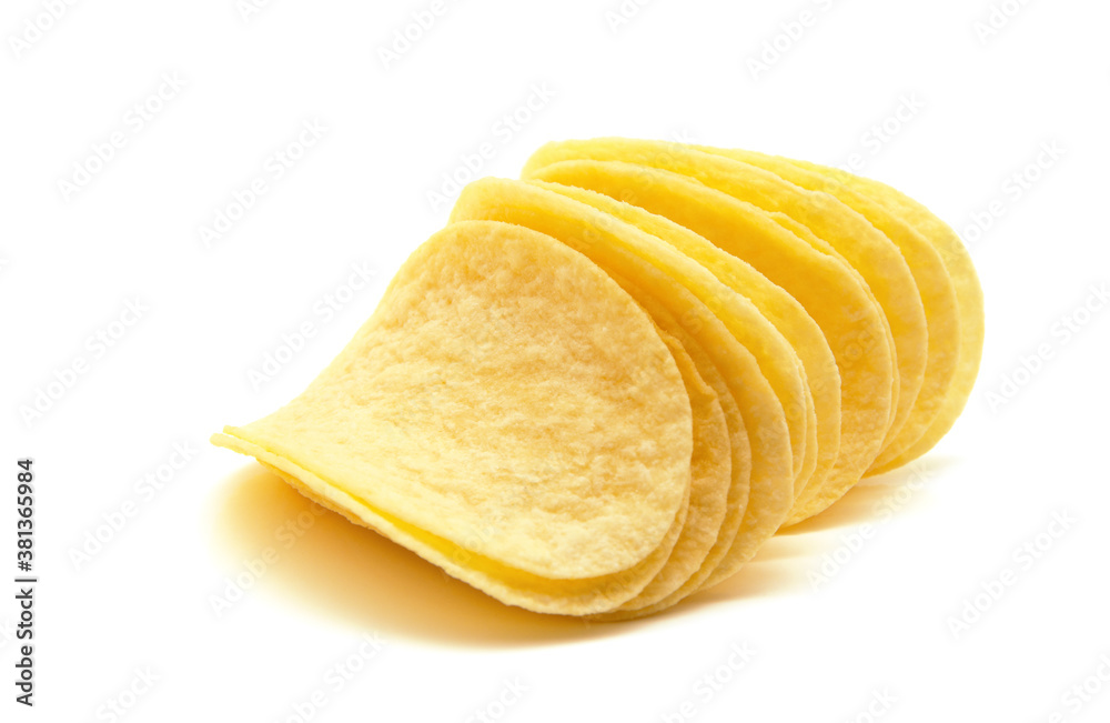 Potato chips isolated white background.
