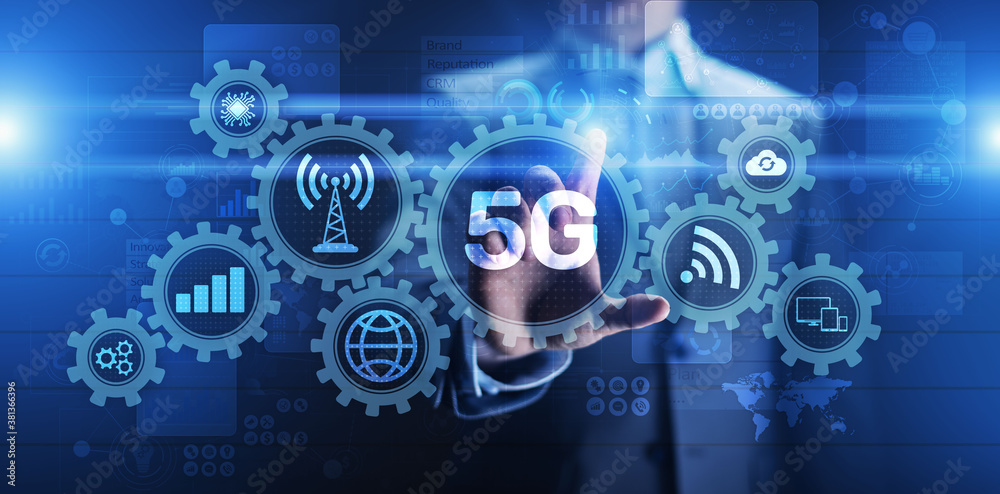 5G Fifth generation of mobile internet. Fast connection. Telecommunication concept on virtual screen.