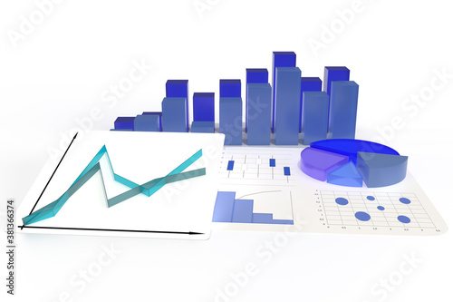 3D-Illustration bestehend aus Linien-, Balken- und Tortendiagrammen isoliert auf weißem Hintergrund
