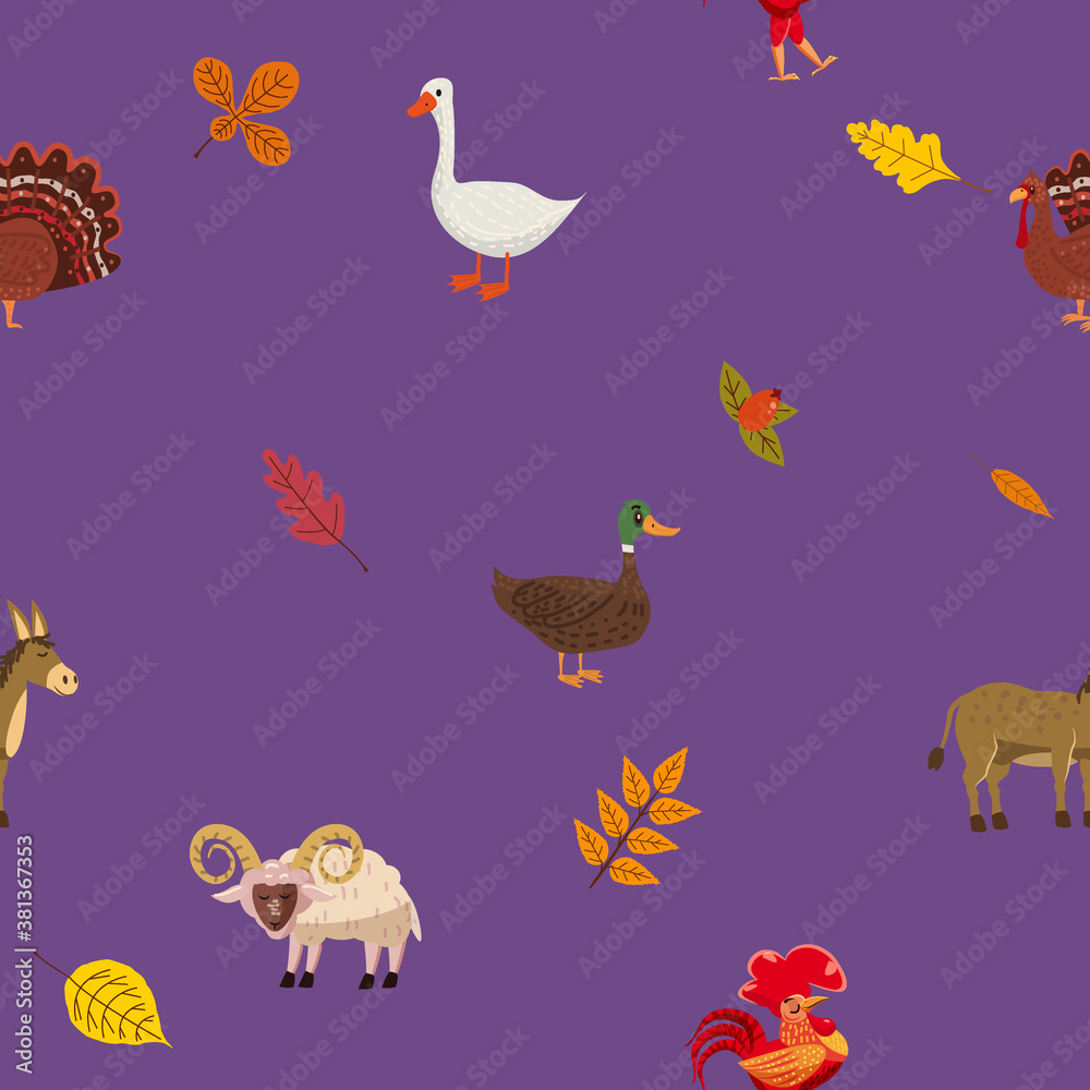 Seamless autumn pattern with farm animal ram, goose, duck