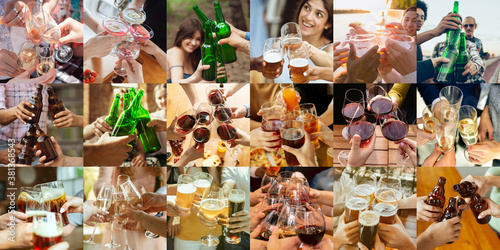 Collage of hands of young friends, colleagues during beer drinking, having fun, clinking bottles, glasses together. Collage design. Oktoberfest, friendship, togetherness, happiness, holidays concept