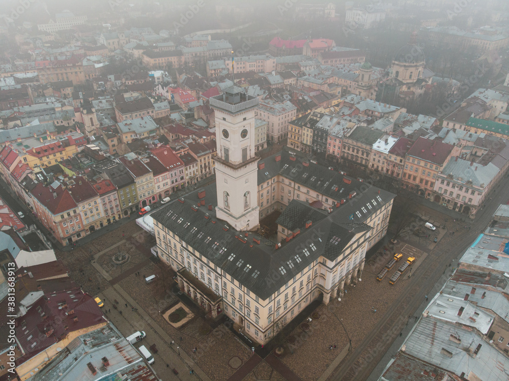 Fototapeta premium Aerial view of the city hall in historical old district of Lviv, Ukraine