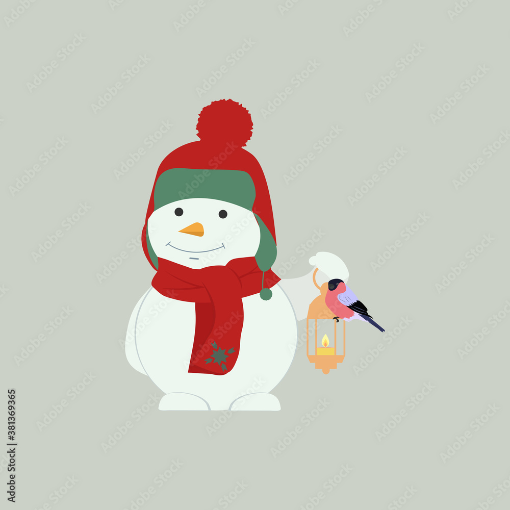 Vector illustration of a snowman with a lantern and a bullfinch o