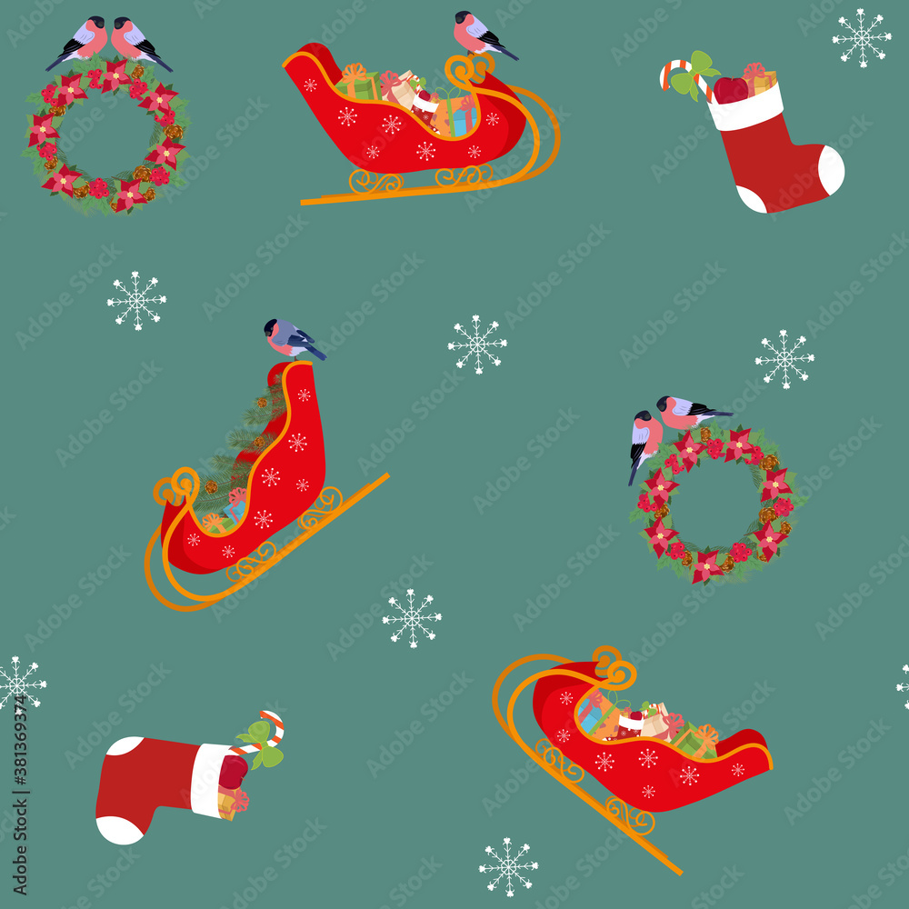 Fototapeta premium Seamless festive vector illustration with Santa Claus sled, christmas socks, bullfinches